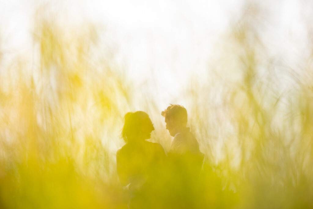 Caché derrière les herbes pour capturer une demande en mariage